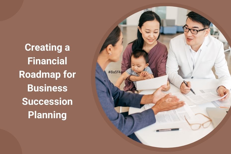 A business owner discussing succession planning with a financial advisor, reviewing documents and financial strategies.