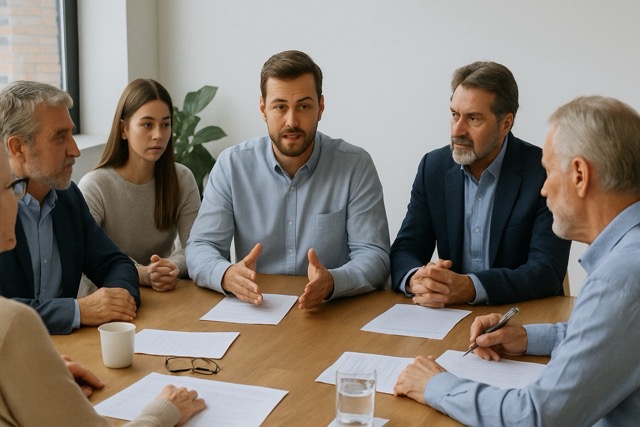 Family business team in discussion about leadership transition