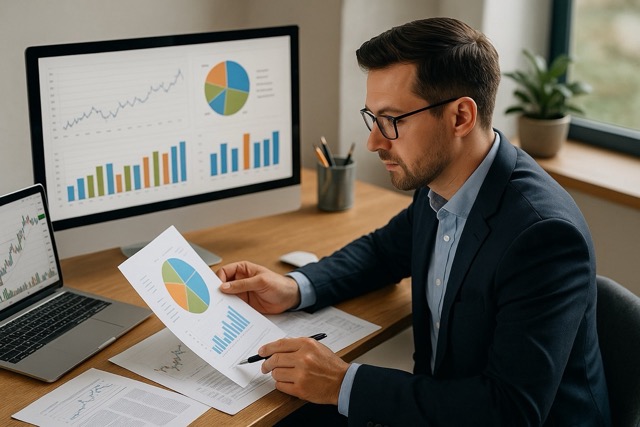 Wealth manager analyzing financial risk with diversified portfolio tools
