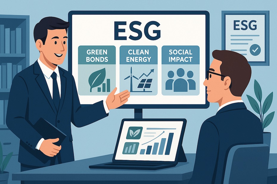 Vector illustration of an investor reviewing ESG-focused investment options on a digital screen