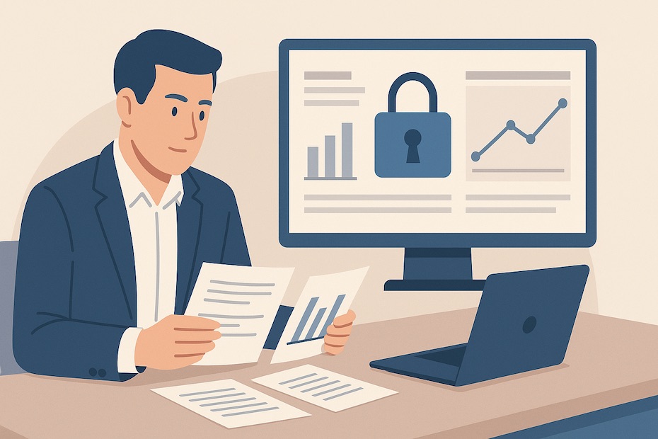 A professional reviewing financial documents and digital charts at a desk.