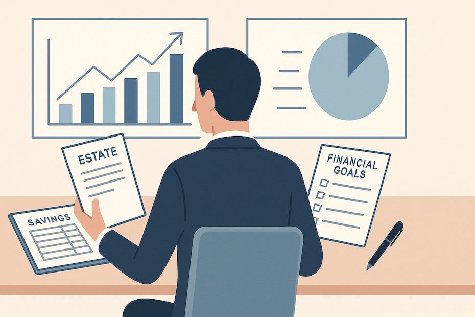 A planner at a central desk reviewing savings, investments, and estate documents with balanced financial templates.