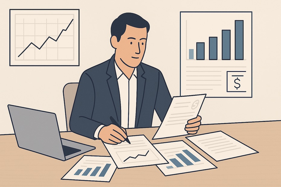 An investor at a desk reviewing savings, investment, and legacy documents in a symmetrical, balanced setting.