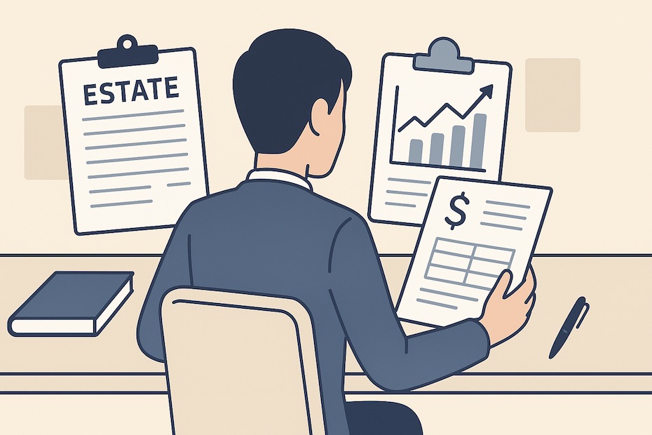 A financial planner at a central desk with legal documents and investment charts.