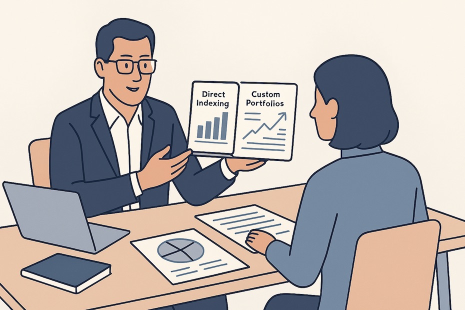 Professional wealth advisor reviewing direct indexing and custom portfolio strategies on digital financial documents.