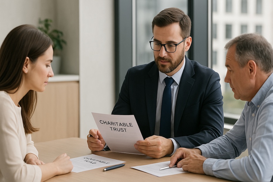 Philanthropic advisor reviewing charitable trust and fund documents with clients in a modern office.