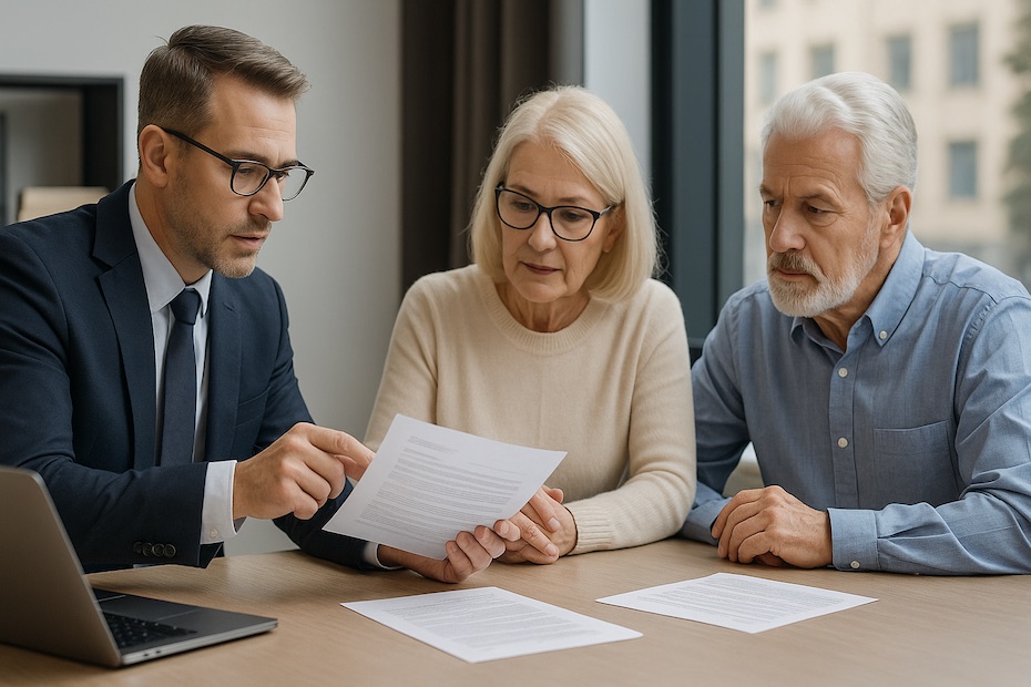 Estate planning advisor reviewing tax documents with clients in a professional office during peak season.
