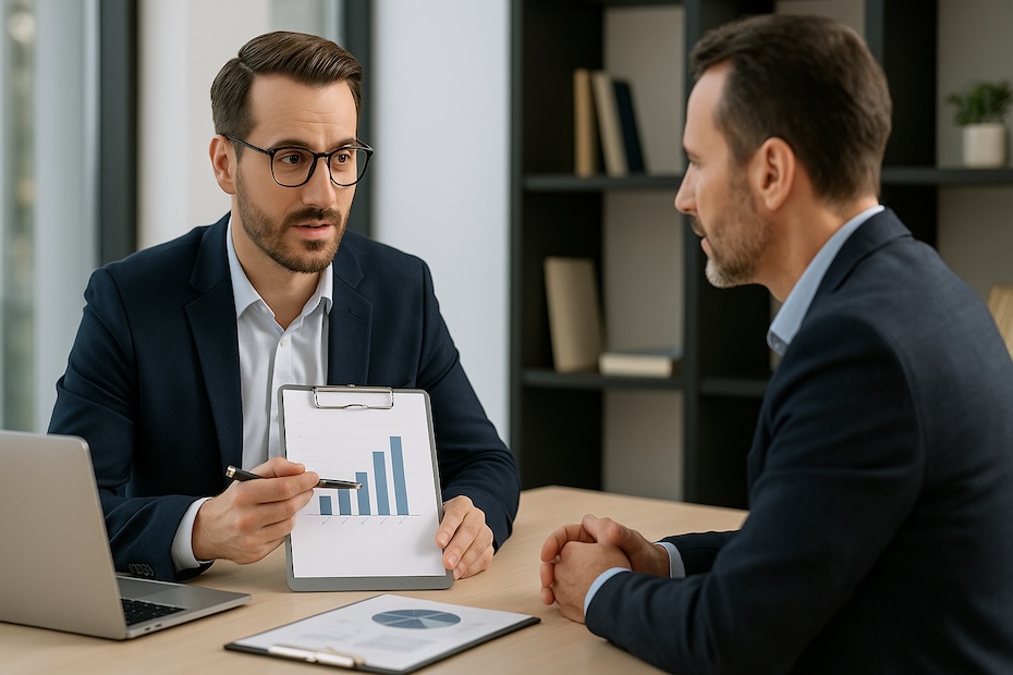 Financial advisor analyzing wealth habits with a professional client in a modern office.