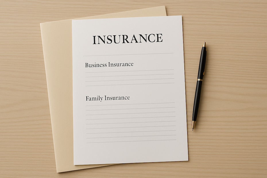 A professional desk with insurance documents, a folder, and a pen arranged neatly for business and family planning.