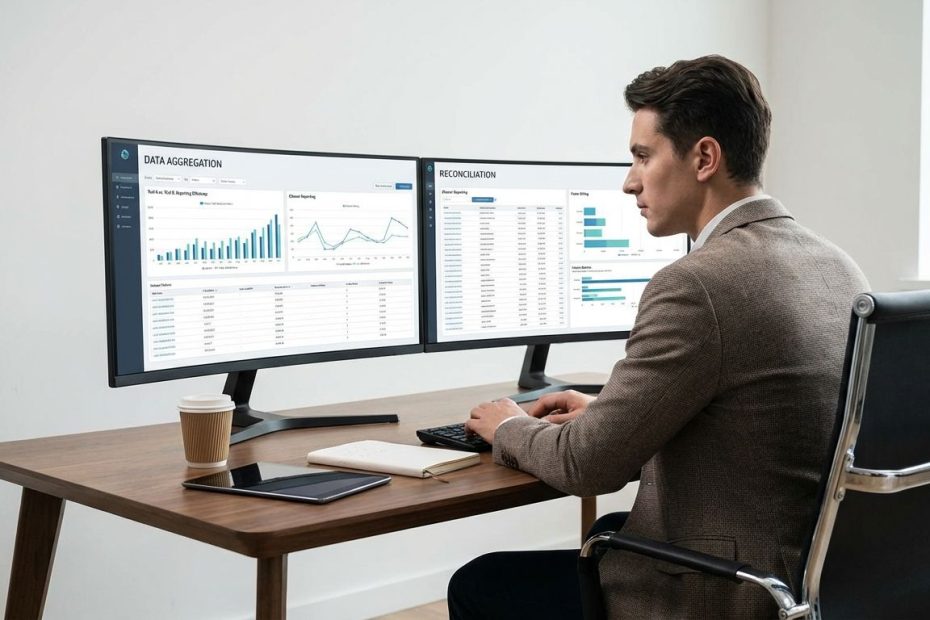 Operations professional reviewing data aggregation tools and reconciliation dashboards for an advisory firm
