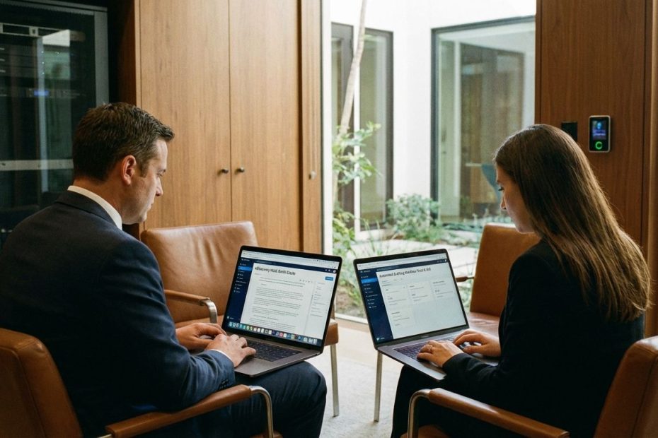 Estate lawyer reviewing compliance and eDiscovery software dashboards while drafting automated documents