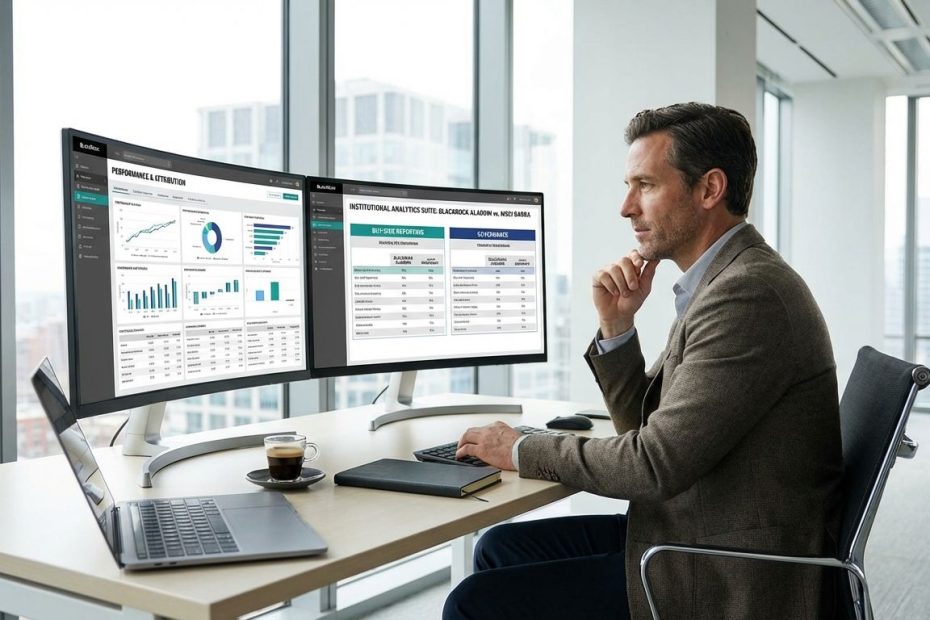 Portfolio manager reviewing performance and attribution analytics dashboards on a laptop