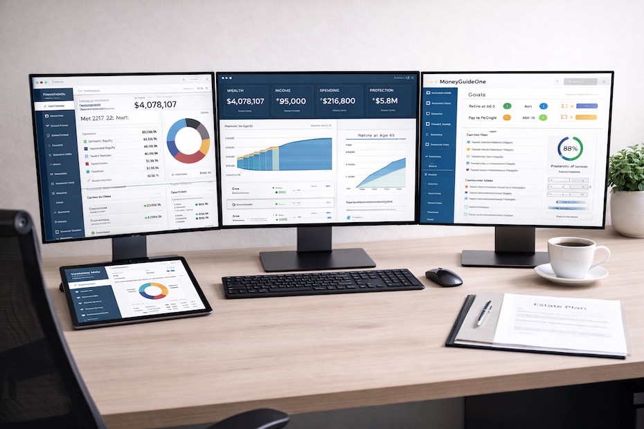 Professional wealth management workstation with analytics dashboards
