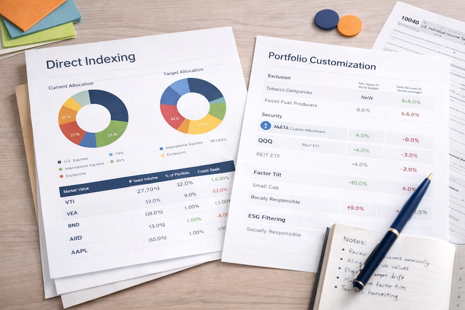Minimalist flat-lay of investment documents illustrating direct indexing and customization
