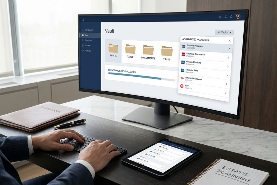 Financial advisor reviewing a secure client vault on a laptop with estate documents and account aggregation dashboard visible.