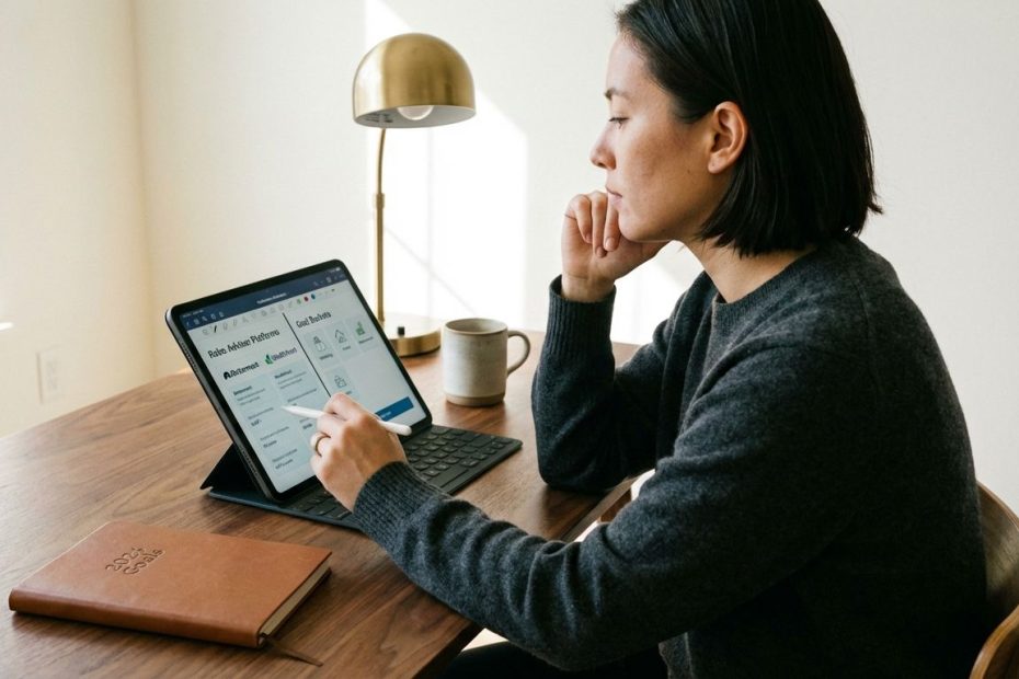 Investor reviewing goals-based investing apps on a laptop with a notebook of savings goals