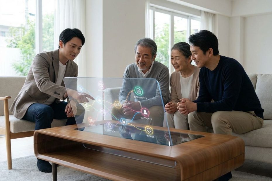 Person showing family an estate visualisation software dashboard with accounts, documents, and contacts on a laptop