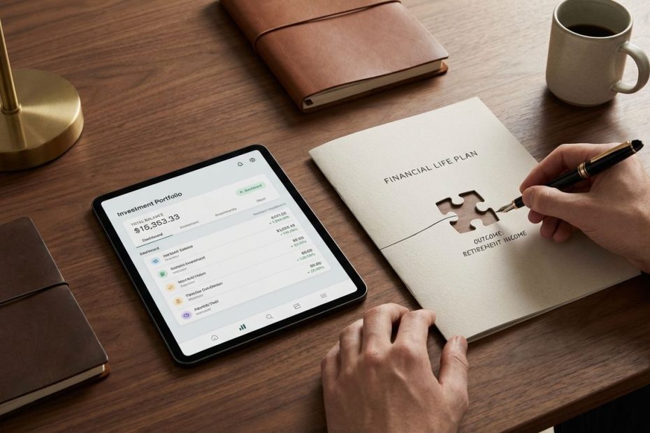 Person reviewing a written financial plan next to investment portfolio charts and a calculator