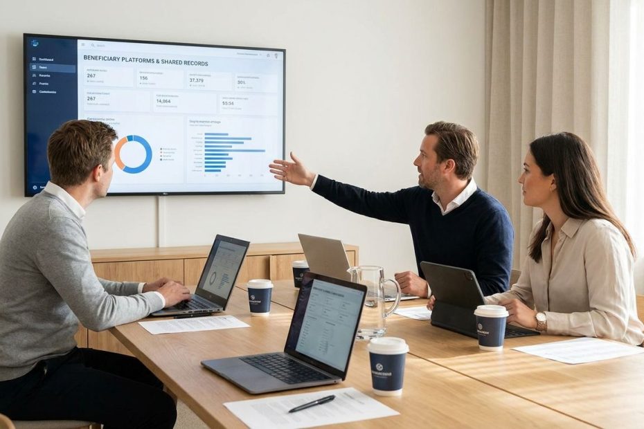 Team members reviewing beneficiary records and case management platforms on a shared dashboard