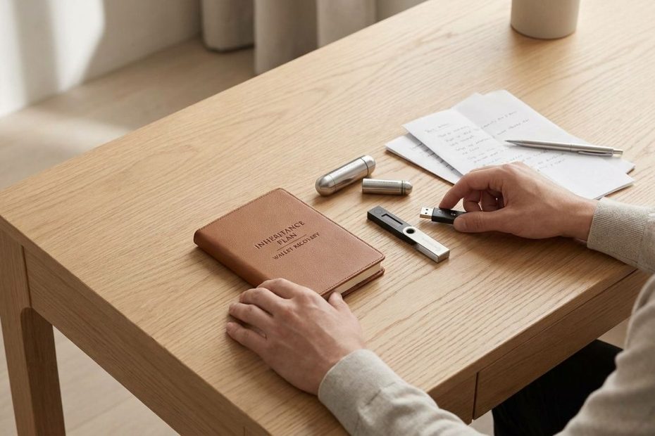 Person reviewing crypto inheritance tools and digital asset instructions on a laptop with hardware wallets and keys on a desk