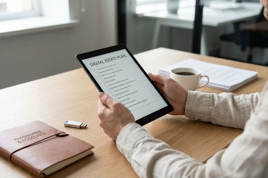 Person reviewing digital assets and online account access as part of an estate plan on a laptop