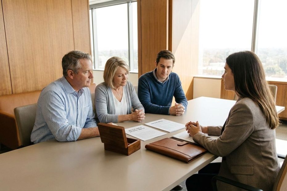 Adult family members meeting with an estate planning lawyer to review a will and trust designed to avoid inheritance disputes