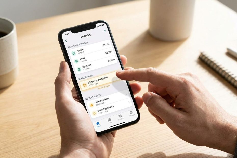 Person reviewing recurring subscription charges on a budgeting app dashboard during a budget leak audit