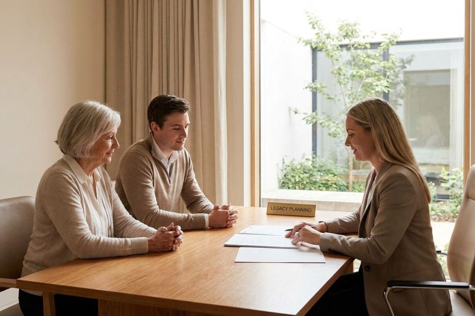 Two adult siblings and an estate planning professional reviewing trust documents together to prevent family conflict