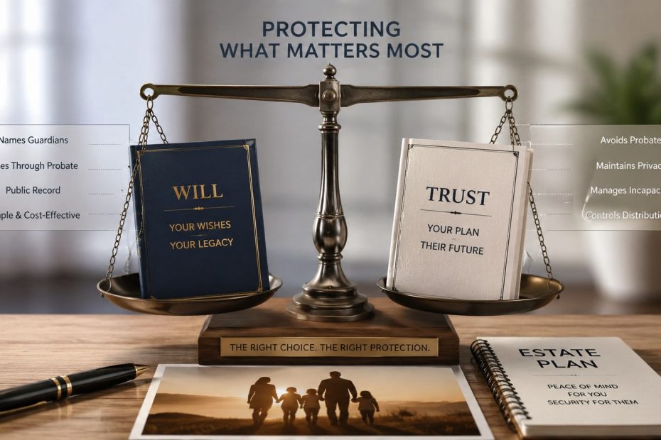 Will vs trust estate planning concept with balance scale, will book, trust book, estate plan notebook, and family photo on a professional office desk.